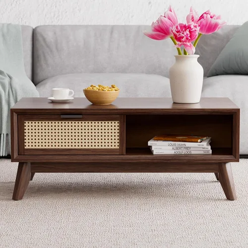 Vista 5 de Bme Mesa de centro moderna de madera maciza con almacenamiento, diseño de ratán acento, perfecta para sala de estar, nogal, mediana