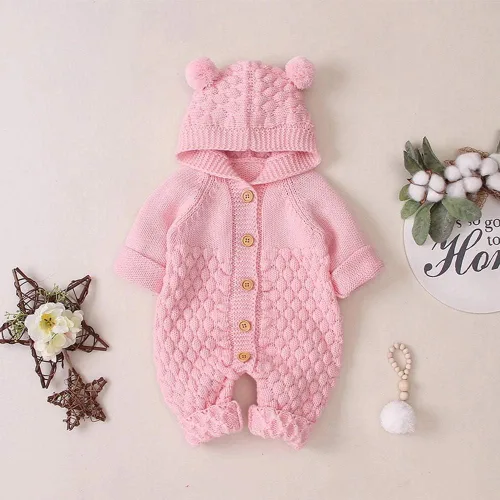 Vista 2 de Suéter de punto unisex con capucha y orejas de oso en 3D, de manga larga, ropa de dormir para el invierno