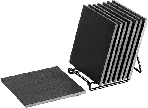 Vista 4 de Juvale Juego de posavasos cuadrados de pizarra negra, protección y decoración de mesa auxiliar, posavasos absorbentes de pizarra de borde liso