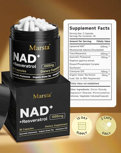 Vista 3 de MARSTA Suplemento de resveratrol NAD 1000 mg orgánico - NAD+ liposomal para energía, antienvejecimiento, apoya la concentración y la resistencia