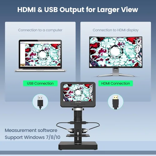 Vista 3 de JL246PS Microscopio digital HDMI de 3 lentes de 7 pulgadas 4000X, microscopio biológico para adultos y niños con diapositivas preparadas, video UHD