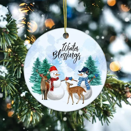 Vista 2 de Christmas Tree Ornaments Winter Blessings Christmas Ornament Keepsake Ornament Home Decor Forest Hanging Pendants Round Ceramic Xmas Ornaments