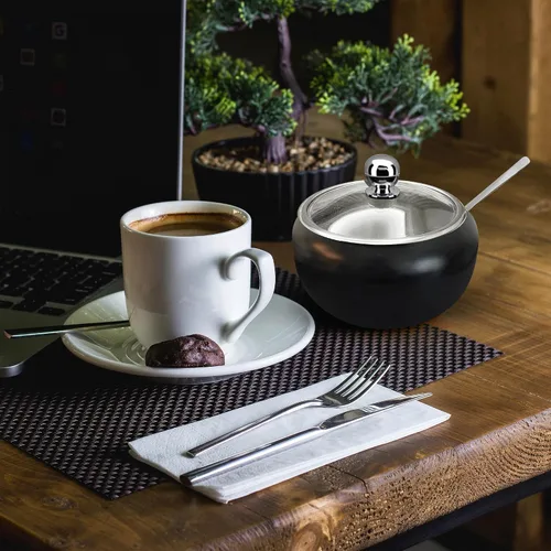 Vista 2 de Azucarero con tapa y cuchara Recipiente de azúcar de 12oz para barra de café Frasco portasal, té, caramelos, azúcar en cubo, azúcar moreno, ghee