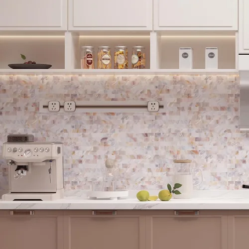 Vista 2 de Azulejo de conchas de perlas de 5 hojas para despegar y pegar para salpicadero, azulejo de pared autoadhesivo para cocina, baño, dormitorio