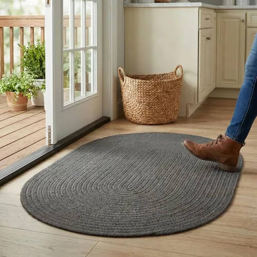 Vista 15 de Super Area Rugs Alfombra trenzada gris pequeña para puerta – Tejido lavable para fregadero de cocina, tapete gris sólido, ovalado, 20 x 30 pulgadas