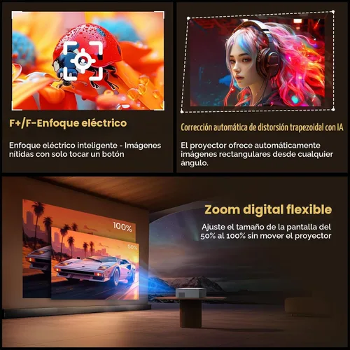 Vista 8 de Proyector para exteriores con WiFi y Bluetooth, 1500 ANSI/Compatible con Netflix Dolby Audio Smart Projector, proyector de película 4K para cine