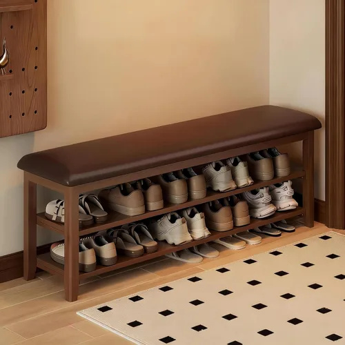 Vista 11 de Banco de almacenamiento de zapatos de madera con cojín de cuero, marrón oscuro, 39.4 pulgadas Rustic Solid Wood Entryway Bench, Shoe Rack Bench