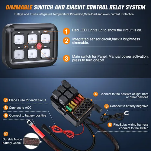 Vista 2 de Nilight Panel de Interruptores de 6 Posiciones Sistema de Relé de Control de Circuito Universal con Arnés de Cableado con Fusible LED Pod Regulable