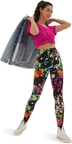 Vista 4 de sissycos - Leggings elásticos y suaves para mujer, con estampado salpicado artístico de neón y estilo de los años 80