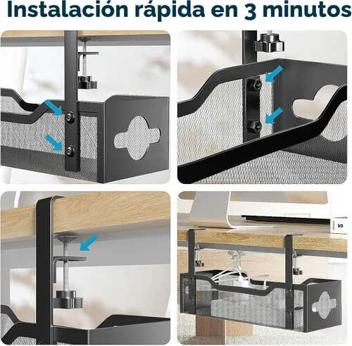 Vista 6 de Bandeja de organización de cables para debajo del escritorio, sin taladros, organización de cables de malla metálica debajo del escritorio