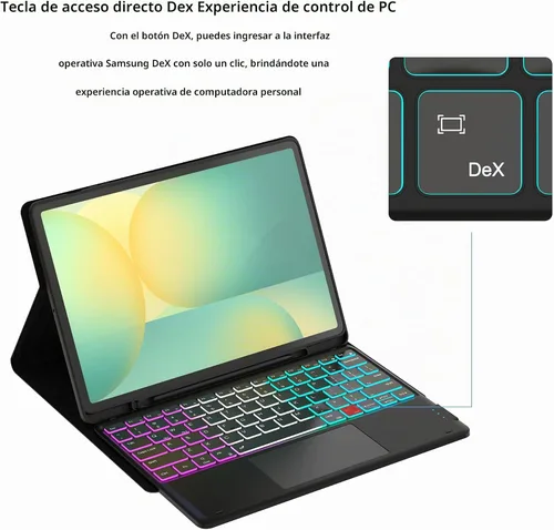 Vista 2 de Funda de teclado para Samsung Galaxy Tab S10 FE+ Plus de 13.1 pulgadas 2025: modo DEX con un solo clic, retroiluminación arcoíris, trackpad