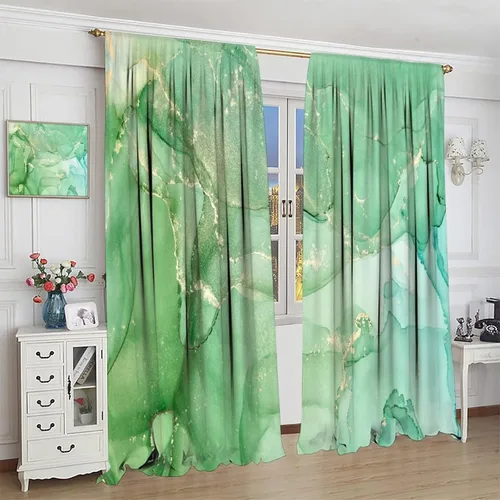 Vista 3 de Cortina de mármol verde – Decoración abstracta de dormitorio verde esmeralda, moderno panel de cortina de lujo para sala de estar, 2 paneles, 21