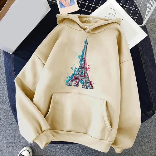 Vista 4 de Sudadera de moda 2023 para mujer, sudadera con capucha gráfica de la Torre Eiffel, ligera, de manga larga, con cordón, Y2K