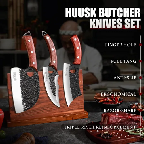 Vista 8 de Huusk Juego de Cuchillos de Carnicero Cuchillo de Chef Serbio Forjado a Mano Cuchillo de Deshuesado Viking Cuchillo de Corte 3 Piezas Juego