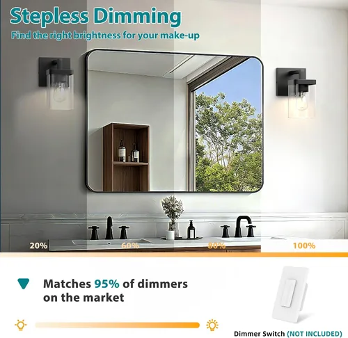 Vista 5 de Juego de 2 apliques de pared, diseño cuadrado, accesorios de iluminación de baño con pantalla de vidrio transparente, luces de pared negras mate