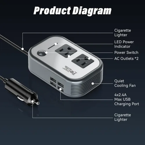 Vista 2 de Inversor de potencia de coche de 200 W, FOVAL, 12 V CC a 110 V CA, inversor de coche con 4 puertos USB, adaptador de toma de corriente para coche