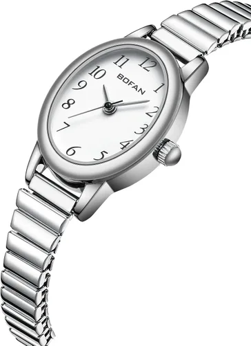 Vista 2 de BOFAN Relojes pequeños de oro para mujer, relojes de pulsera de cuarzo de fácil lectura con banda de expansión de acero inoxidable, resistente al