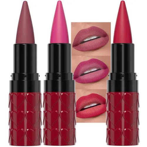 Vista 23 de evpct Combo de delineador de labios metálico rosa brillante y lápiz labial, lápiz labial con punta de cono para mujer, de larga duración