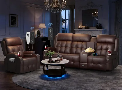 Vista 33 de Sofá reclinable de dos plazas, asientos de cine en casa, sofá reclinable con USB, consola central, sillón reclinable de pared para caravana