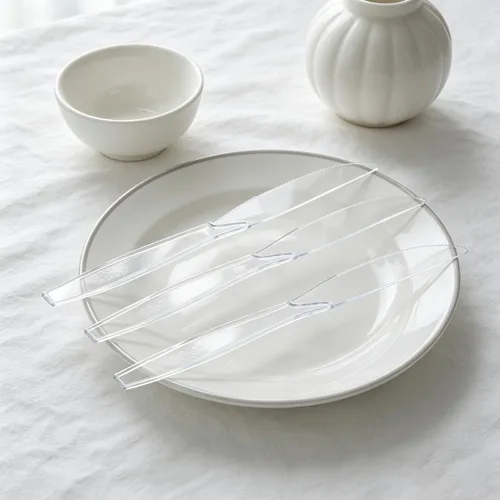 Vista 3 de MOACOCK 200 cuchillos de plástico transparente, cucharas desechables pesadas, cubiertos de plástico, cubiertos de plástico transparente a granel
