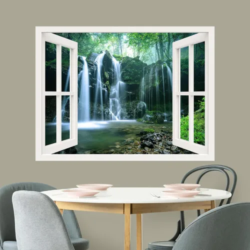 Vista 3 de wall26 Adhesivo mural removible para pared, vista de ventana, bosque, montaña, río, cascada rápida, naturaleza, fotografía, realismo, paisaje