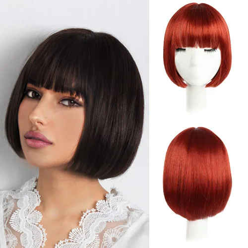 Vista 54 de Pelucas Bob con flequillo, peluca de cabello castaño rojizo de 10 Caoba