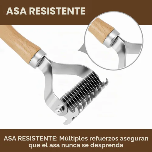 Vista 6 de Rastrillo de capa interior para perros, peine profesional para desenmascarar mascotas con mango de madera, cuchillas de acero inoxidable
