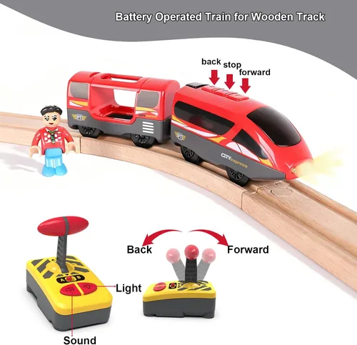 Vista 3 de Tren a pilas para pista de madera, potente locomotora con motor de control remoto, juguete de tren con luz y sonidos, regalo para niños pequeños