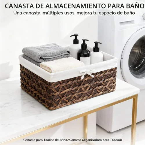 Vista 5 de Cesta de almacenamiento rectangular tejida de hierba marina con asa, Kingwillow. (Madera y jacinto de agua, juego de 3)