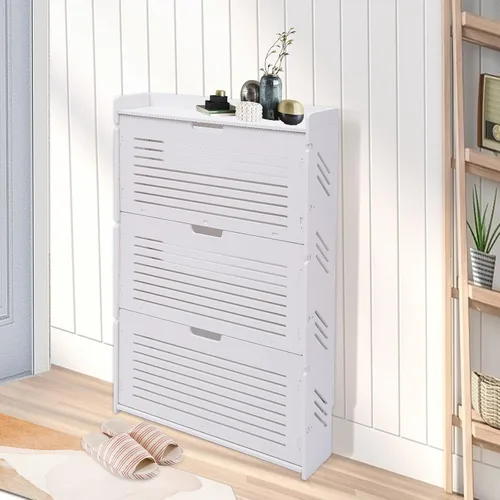 Vista 7 de DYRABREST Zapatero blanco de 3 capas organizador de zapatos con 3 cajones abatibles, moderno armario de almacenamiento de zapatos ultrafino