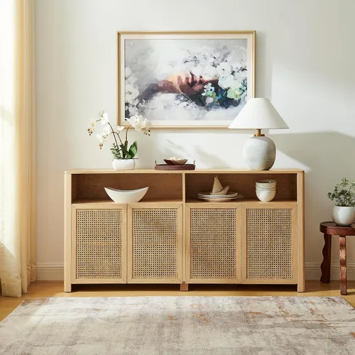 Vista 16 de Mesa consola estrecha de 39 pulgadas con puertas huecas, aparador moderno de mediados de siglo con 2 orificios de salida, gabinete de almacenamiento