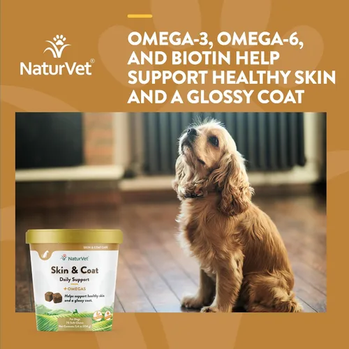 Vista 4 de NaturVet Skin and Coat Plus Aliento para perros, 70 unidades masticables suaves, fabricados en los Estados Unidos con ingredientes de origen mundial