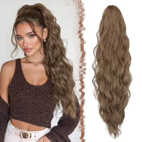 Vista 7 de FESHFEN Extensiones de cola de caballo – 26 pulgadas cordón largo rizado ondulado clip en colas de caballo pelo sintético extensiones de cola