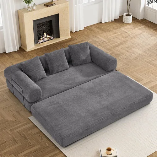 Vista 13 de DAMAIFROM - Sofá cama convertible sin huesos, color beige y blanco 80" Corduroy Modular Compressed Futon Sofa Bed, Pull-Out Cloud Loveseat with