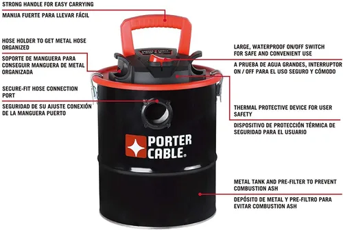 Vista 7 de Porter-Cable Aspiradora de Cenizas de 4 Galones 4 HP Pico, con Manguera de Metal, Prefiltro y Filtro de Cartucho, Ideal para Chimeneas, Fogatas