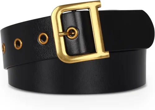 Vista 240 de Cinturón de cuero clásico con hebilla de metal para mujer con vestido de jeans