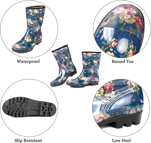 Vista 50 de DKSUKO Waterproof Womens Rain Boots insulated,Lightweight Rubber fashion Boots in Gardening,Warm and Comfortable Wide Calf Rain Boots with Glossy in