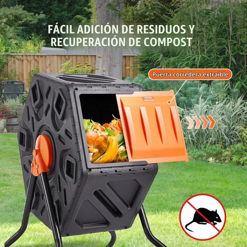 Vista 3 de VEVOR Cubo de compostaje, compostador giratorio pequeño de 18.5 galones, cámara única compacta giratoria con puerta corrediza y marco de acero