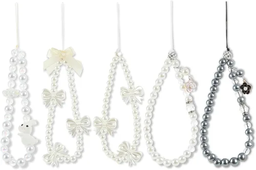 Vista 6 de Correa de muñeca con cordón para teléfono celular, con cuentas con lazo y perlas hechas a mano, llavero de cadena para mujeres y niñas