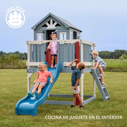 Vista 7 de Backyard Discovery Beacon Heights - Casa de juegos elevada de madera de cedro para niños con tobogán ondulado, cocina de juegos, cubierta