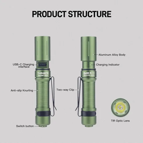 Vista 3 de ThruNite Archer Mini linterna EDC, linternas de bolsillo recargables USB-C de 405 lúmenes, IPX8 impermeable mini bolígrafo con clip para transporte