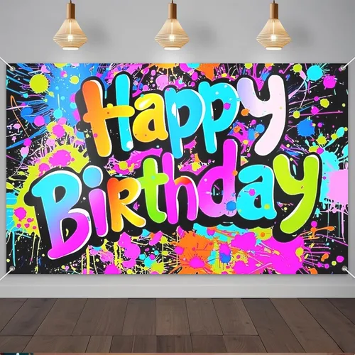 Vista 13 de IVN Pancarta de decoración de cumpleaños, graffiti, tema de galaxia, telón de fondo de 71 x 43 pulgadas con letras de burbujas blancas, estrellas