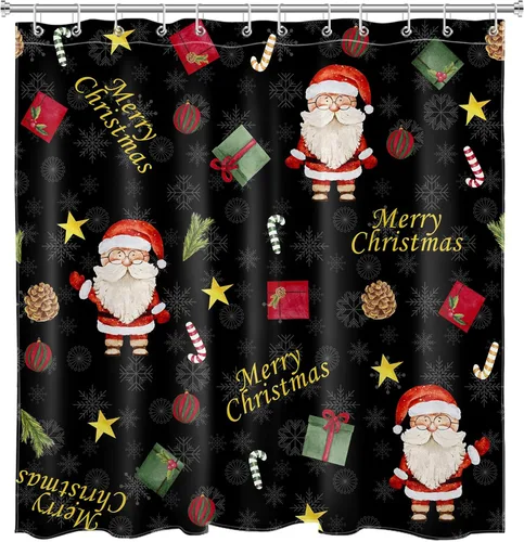 Vista 4 de Merry Christmas Shower Curtain for Bathroom Santa Claus with Snowflake Pattern on Black Bathroom Shower Curtains with Hooks, New Year Holiday