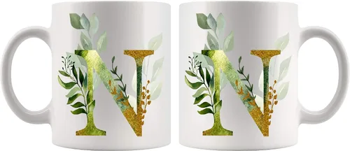 Vista 3 de Taza de café Alpha/N con letra gráfica N – Letra alfabeto monograma N – oro brillante cualquier letra floral alfabeto té café caliente taza
