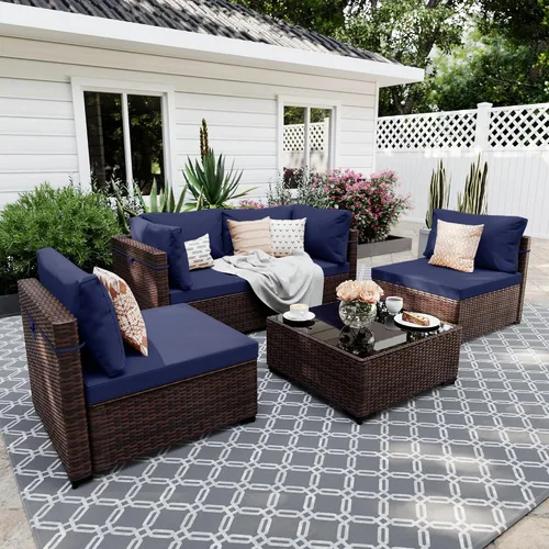 Vista 7 de UPHA Juego de muebles de mimbre para patio de 5 piezas con mesa auxiliar Cojín de ratán marrón y beige