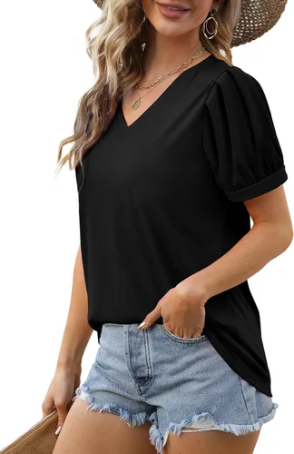 Vista 3 de Geifa Camisetas de verano para mujer, manga corta, cuello en V, holgadas, casuales