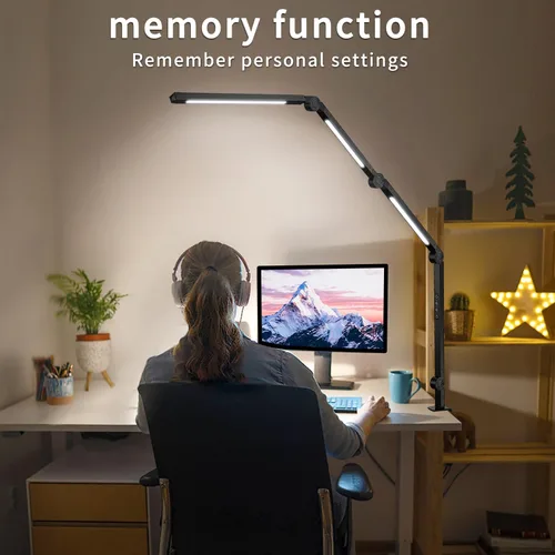 Vista 2 de Lámpara de escritorio LED con abrazadera y brazo flexible, 3 fuentes de luz, 4 modos de color y 5 niveles de brillo, luz de mesa con función