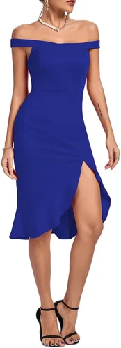 Vista 5 de LYANER Vestido midi ajustado con hombros descubiertos y dobladillo dividido para mujer