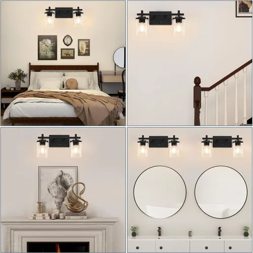 Vista 7 de 2 luces de tocador de baño, accesorios de luz de tocador negro mate sobre espejo, apliques de pared modernos con pantalla de vidrio transparente
