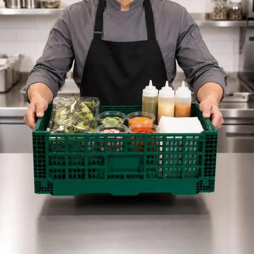 Vista 5 de Restaurantware Cater Tek - Caja plegable de 36 litros, 1 caja de almacenamiento apilable, con asas de diseño de malla, caja plegable de plástico